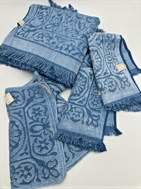 Sears Drylon Blue Sculpted 2 Bath, 2 Hand & 2 Washcloth Towels Fringe NEW